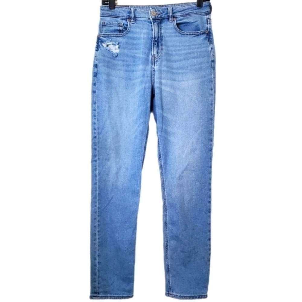 American Eagle Women's Distressed Stretch Denim Tapered Leg High Waist Mom Jean